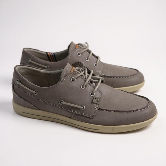 ECCO Men’s Grey Leather Boat Shoes Size 13 (EU 47) Shock Point Comfort Loafer - Picture 1 of 13